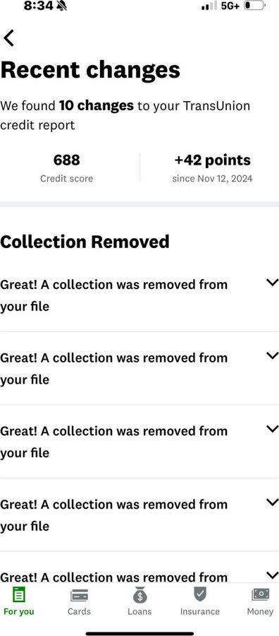 TransUnion showing ten changes, a 42 point increase and multiple collections removed