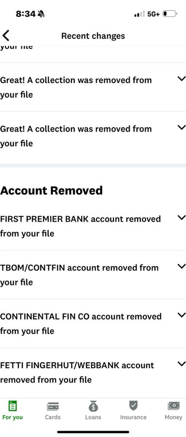 Credit report showing four accounts removed from file