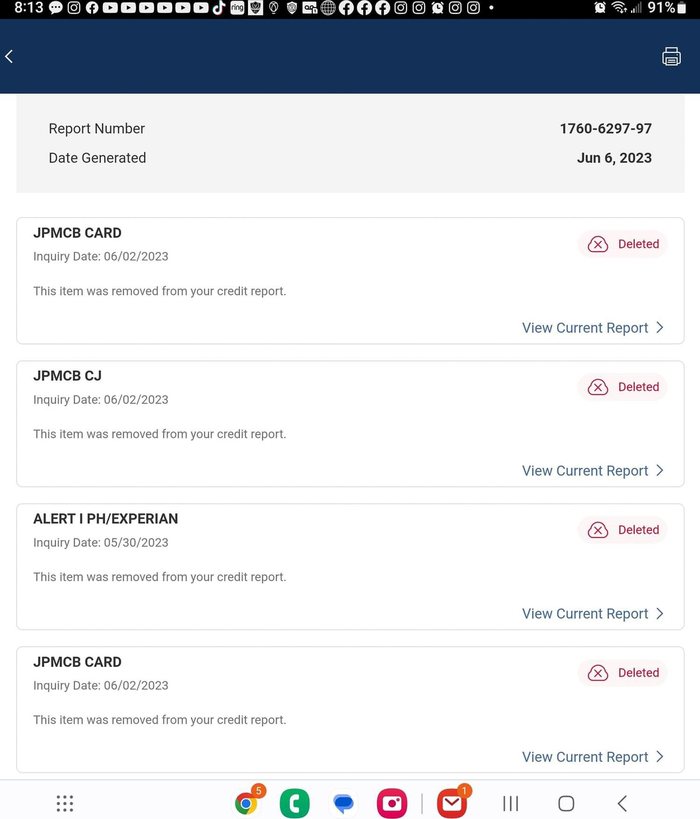 Credit report showing multiple hard inquiries marked as deleted