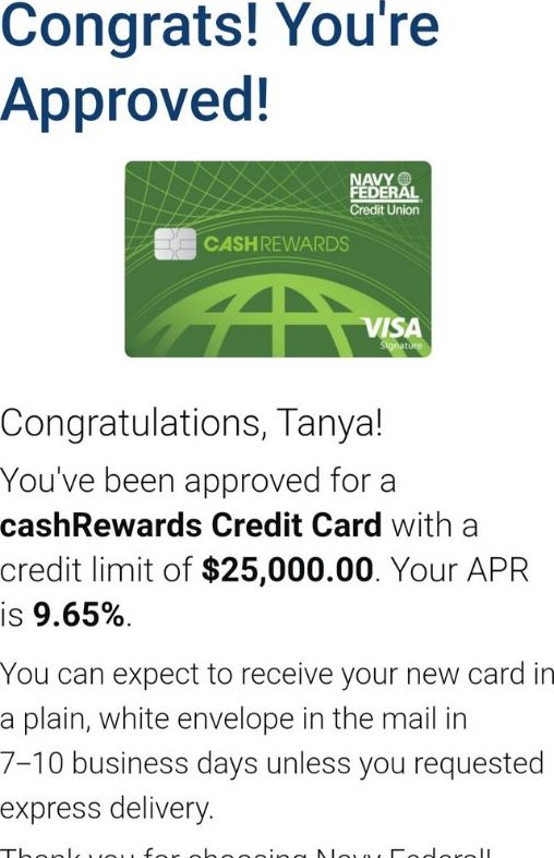 Navy Federal approval letter for a cashRewards credit card with a 25,000 dollar limit