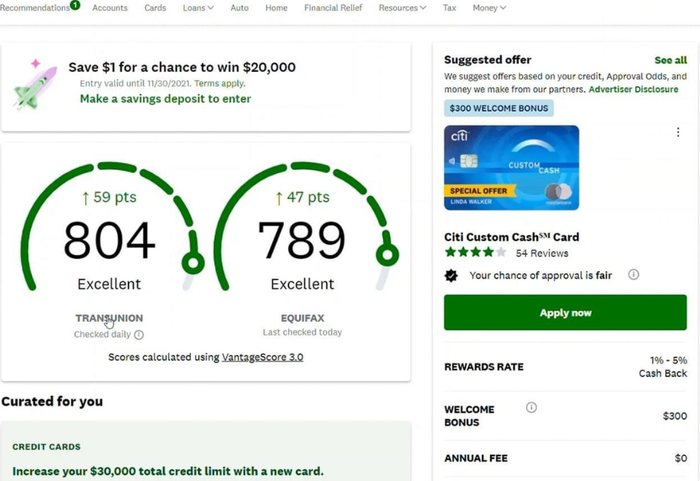 TransUnion 804 and Equifax 789, both excellent, with 30,000 dollars in total credit limit